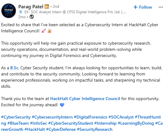 Cybersecurity Intern Feedback Testimonial